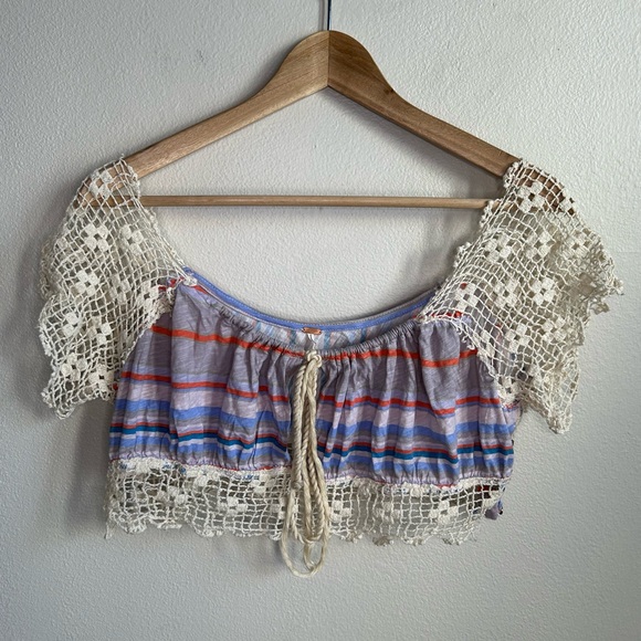 FREE PEOPLE Flawed Aruba Crochet Lace Bohemian Style Striped Crop Top Size M - Picture 5 of 12